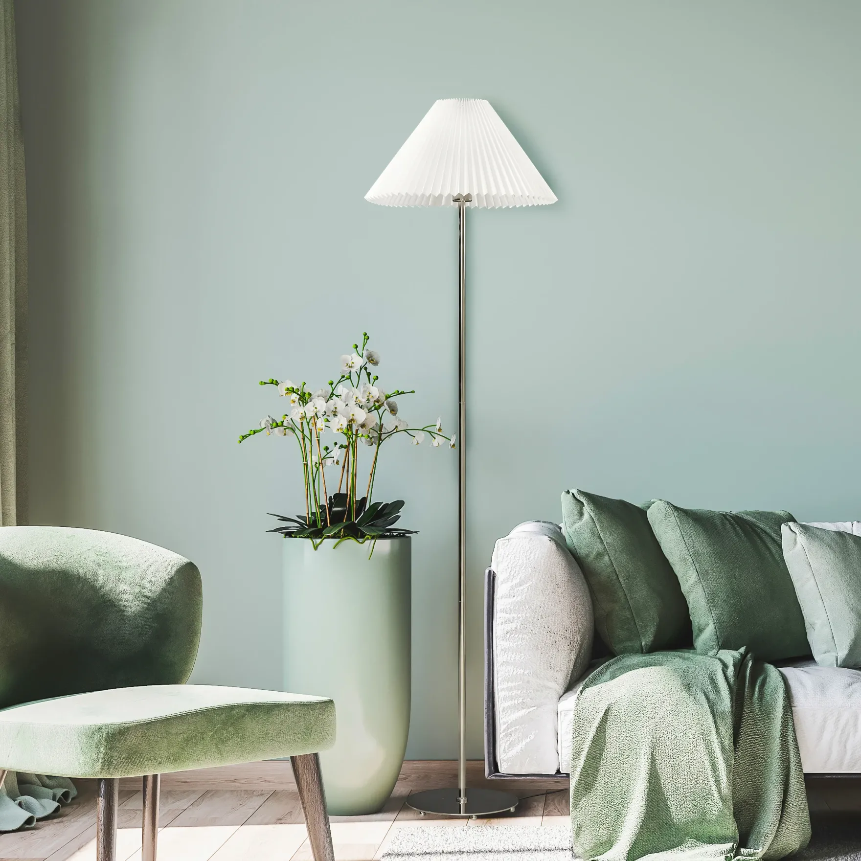 Ester gulvlampe krom/hvit m/skjerm