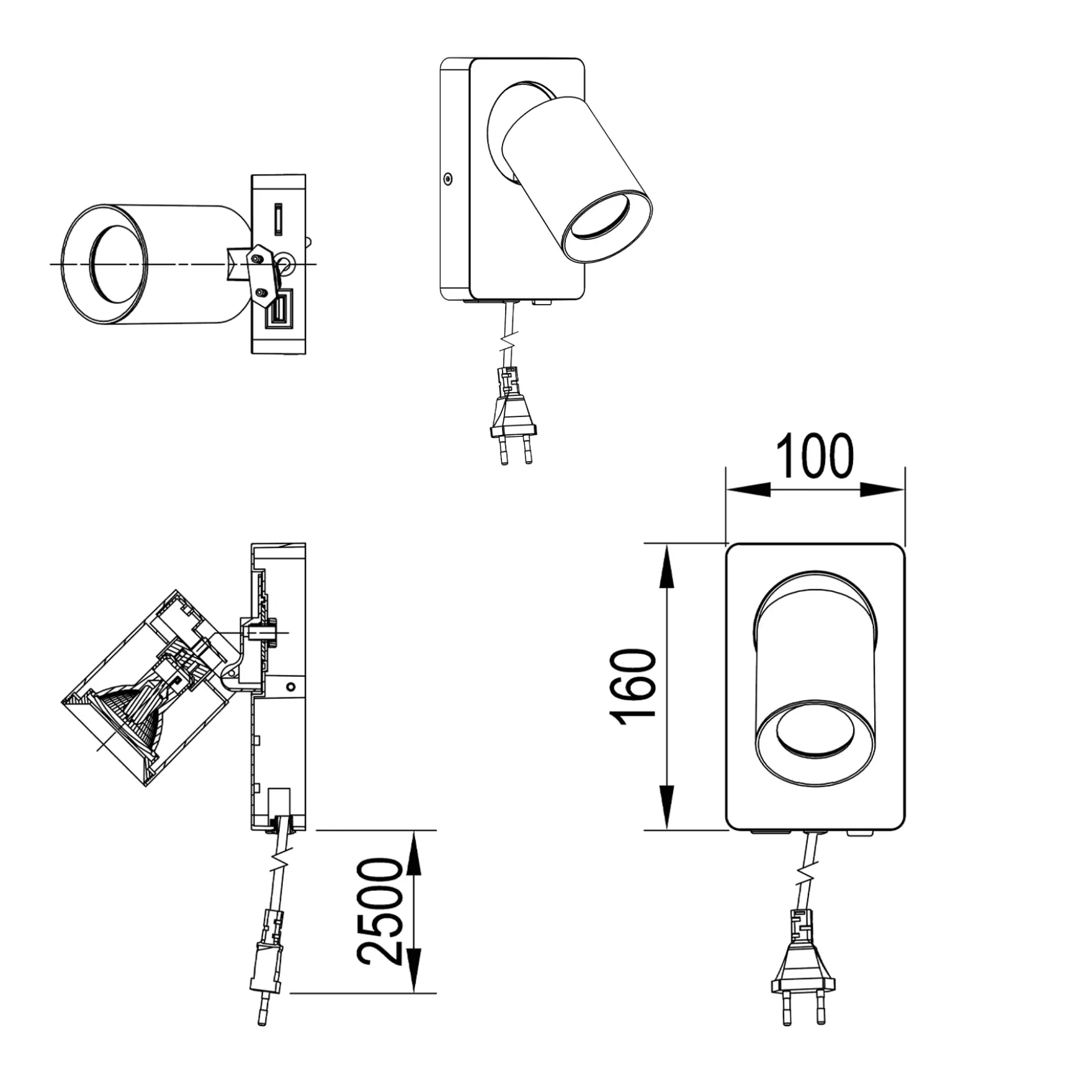 Lux vegglampe m/USB messing
