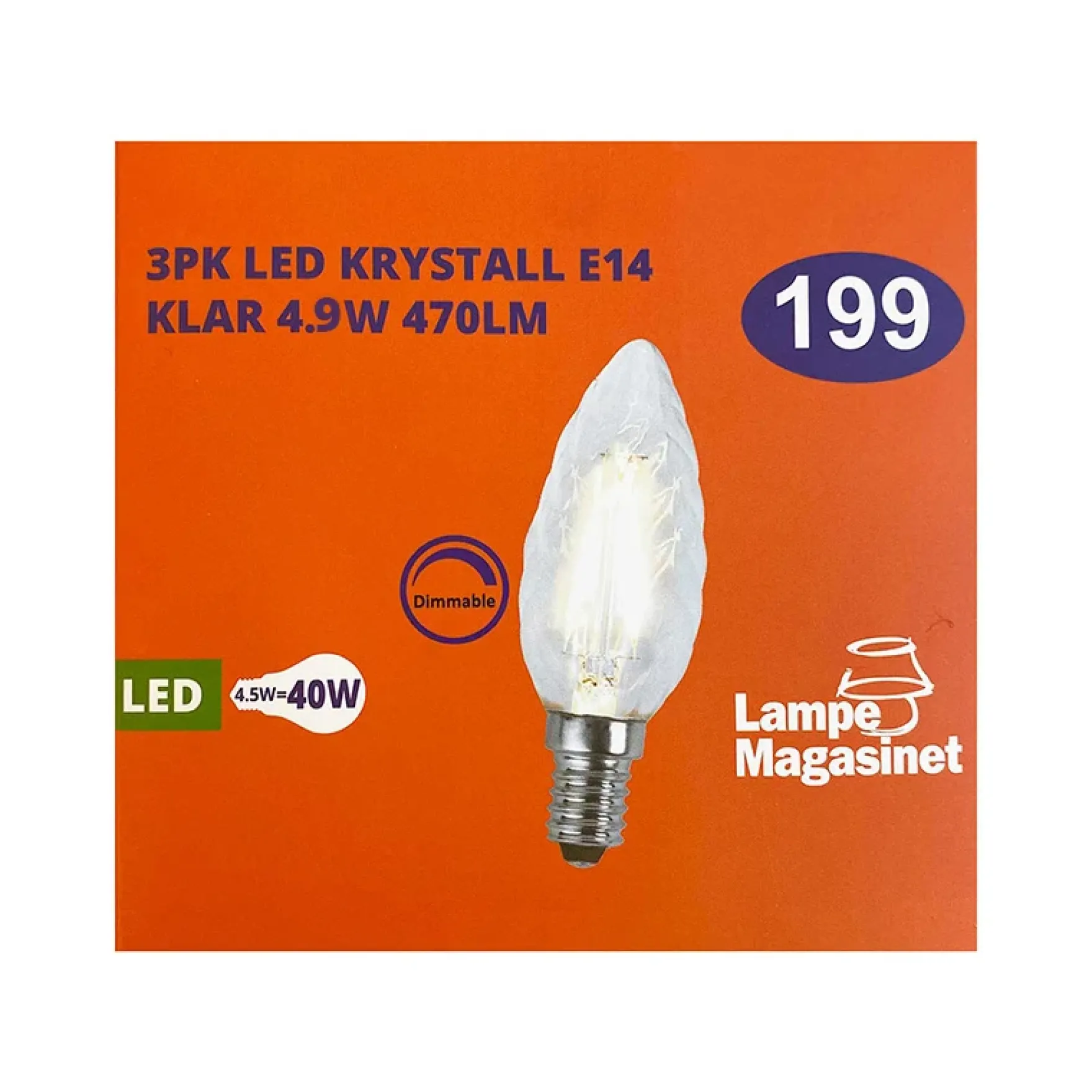 3pk LED E14 krystall klar 4.9W dimbar