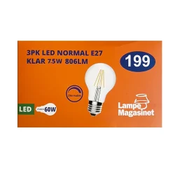 3pk LED E27 normal klar 7.5W dimbar