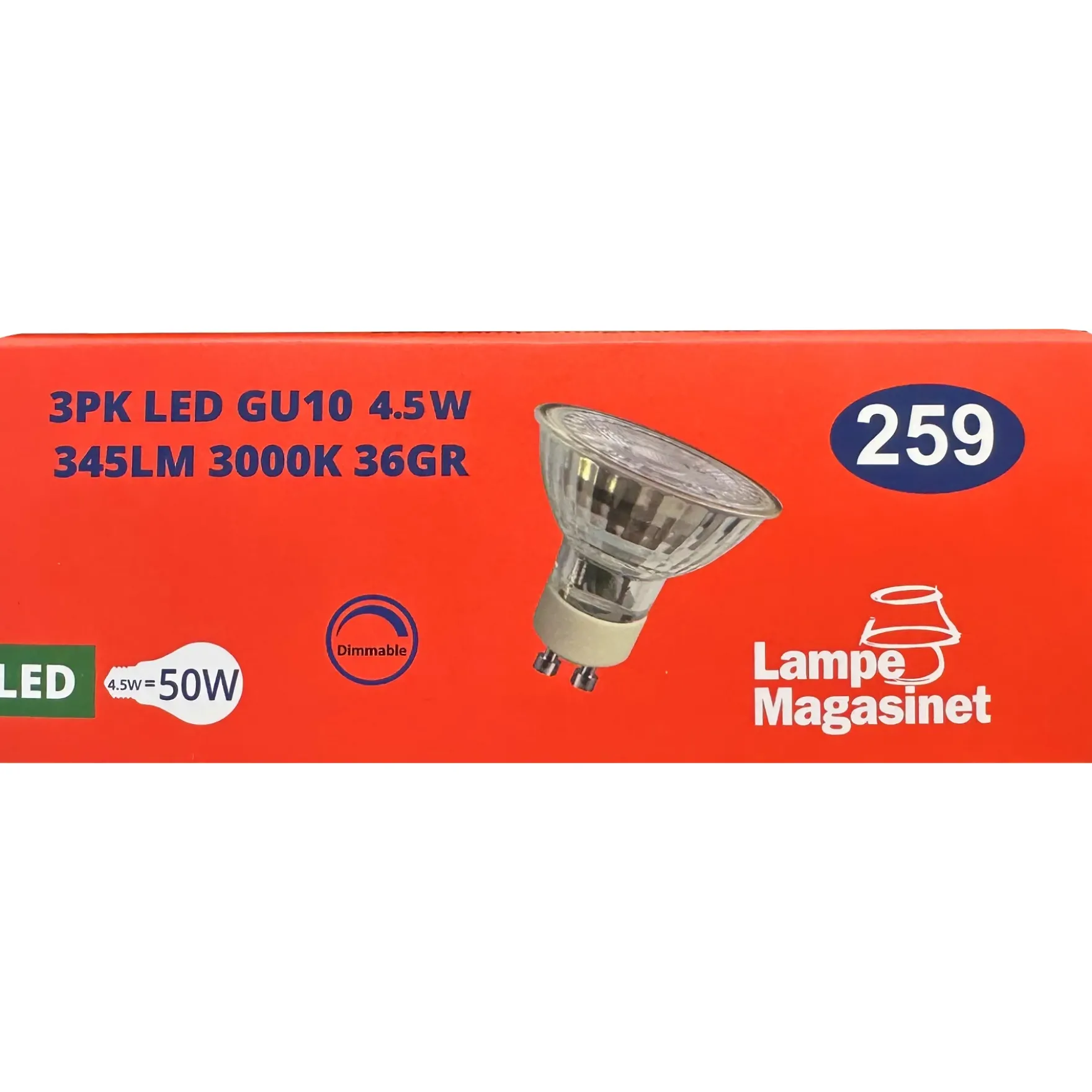 3pk LED GU10 3000K 4.5W dimbar